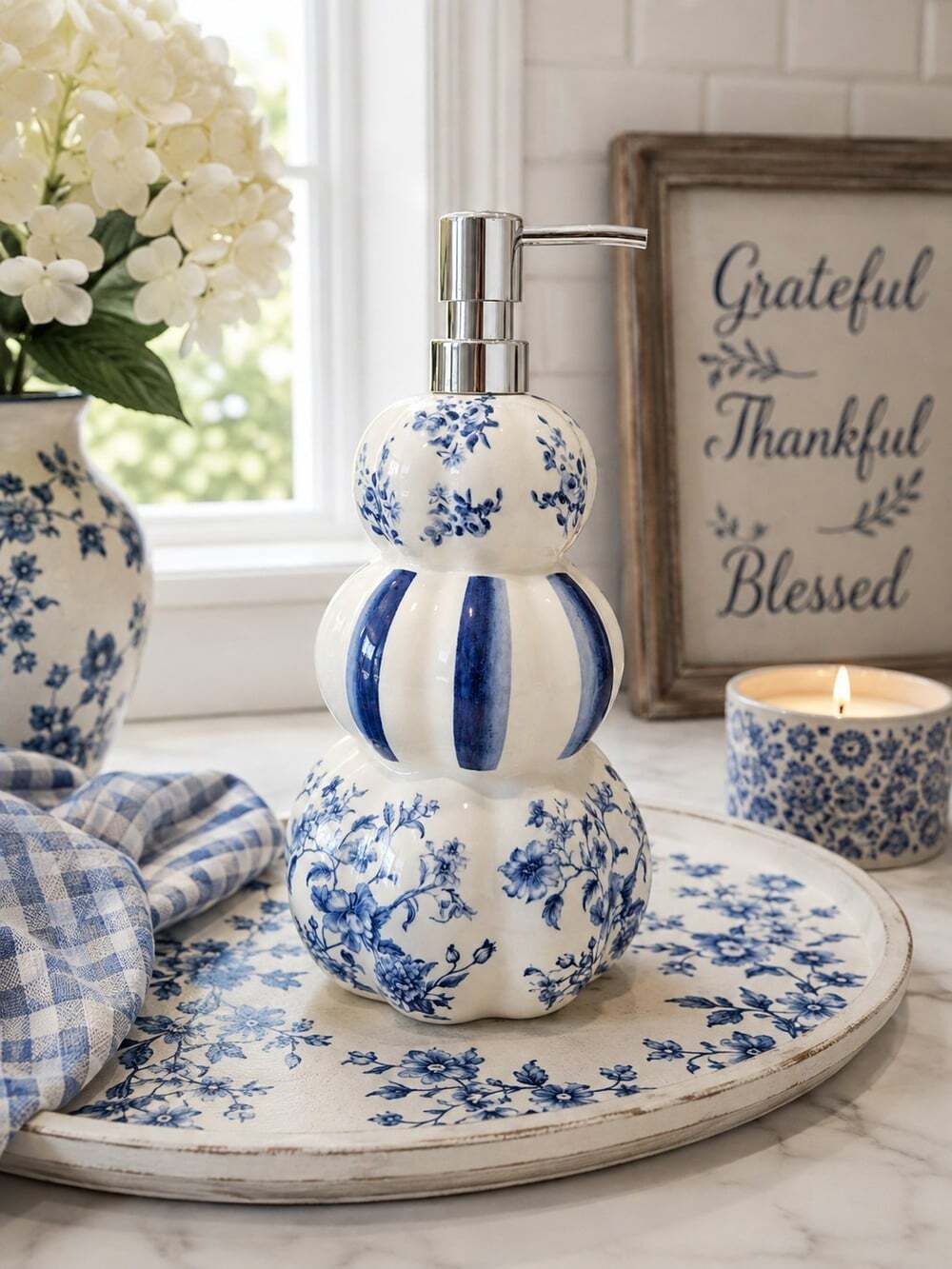 New White / Blue Floral Stacked Pumpkins Soap Dispenser Decor Bathroom Kitchen